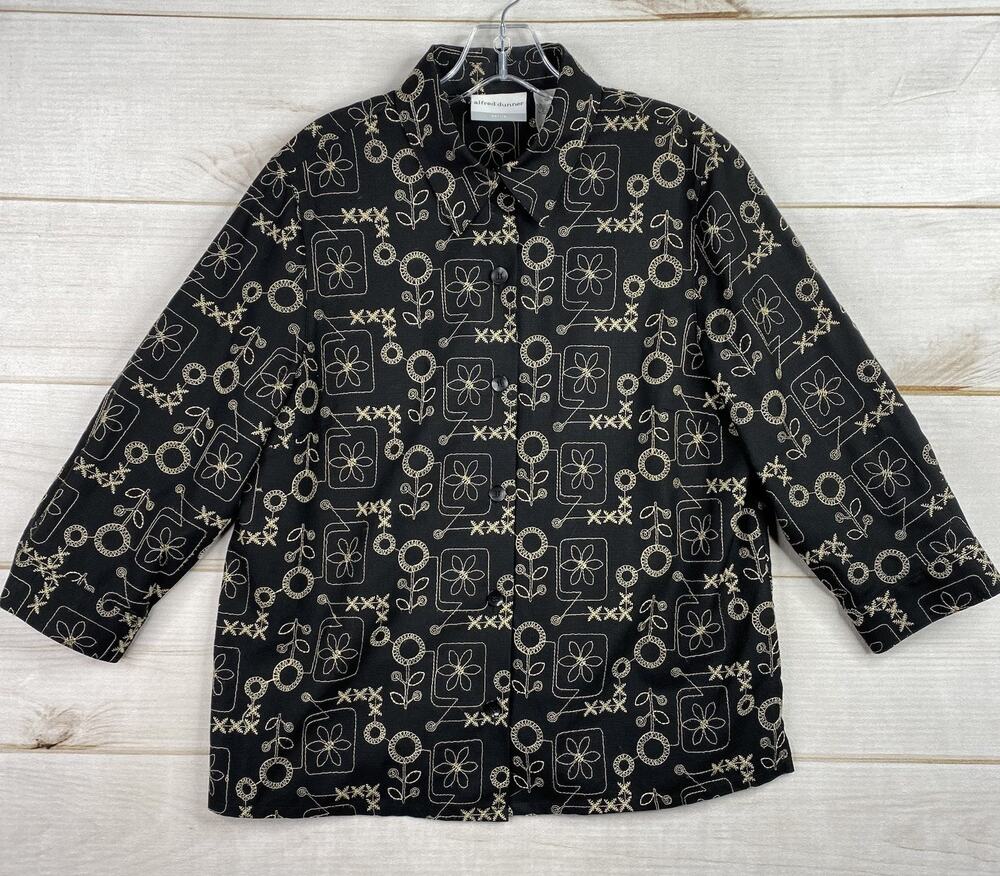 Alfred Dunner Womens Cardigan Jacket 12 Petite Black Embroidered Button Up - Picture 1 of 12